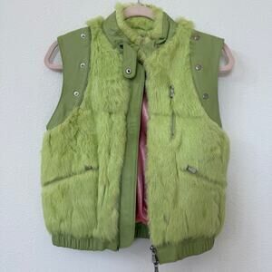 One Girl Who Rabbit Fur Leather Vest Green Pink Lined Y2K Statement Size S